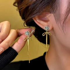 14K Gold-Plated Diamond Camellia Flower Tassel Earrings - elegant Camellia Tassel Earrings