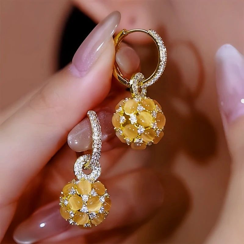 14K Gold-Plated Diamond Cat's Eye Ball Earrings - elegant Cat's Eye Ball Earrings