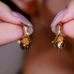 14K Gold-Plated Diamond Cat's Eye Stone Earrings - elegant Brown Cat's Eye Earrings