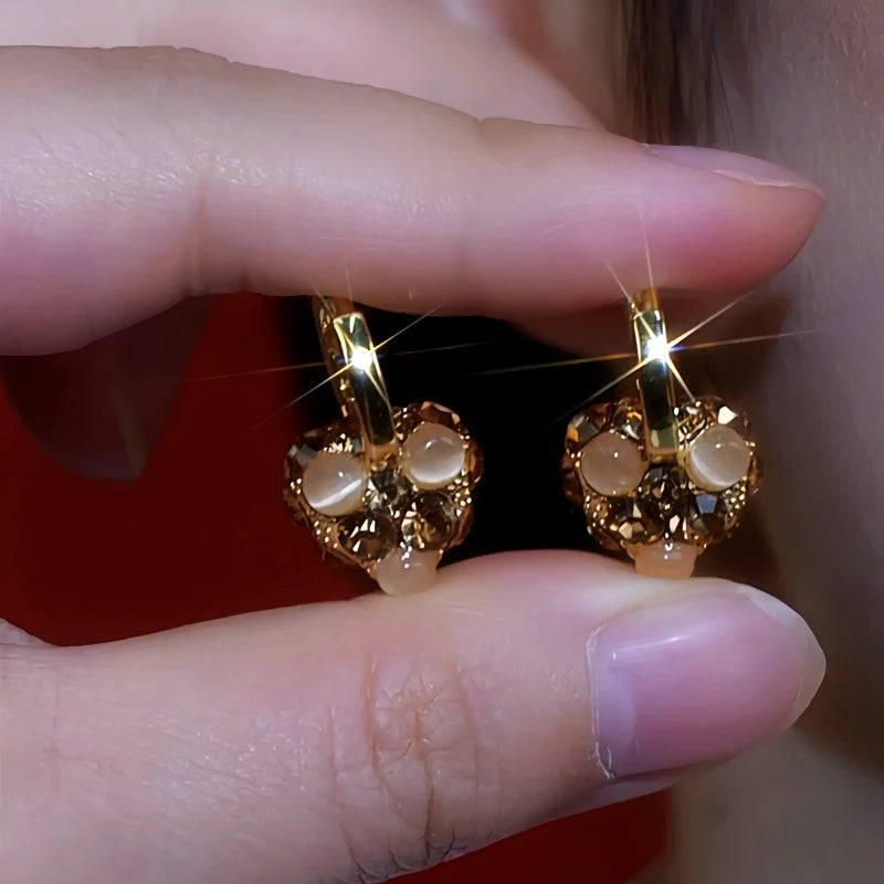 14K Gold-Plated Diamond Cat's Eye Stone Heart Earrings - elegant Cat's Eye Heart Earrings