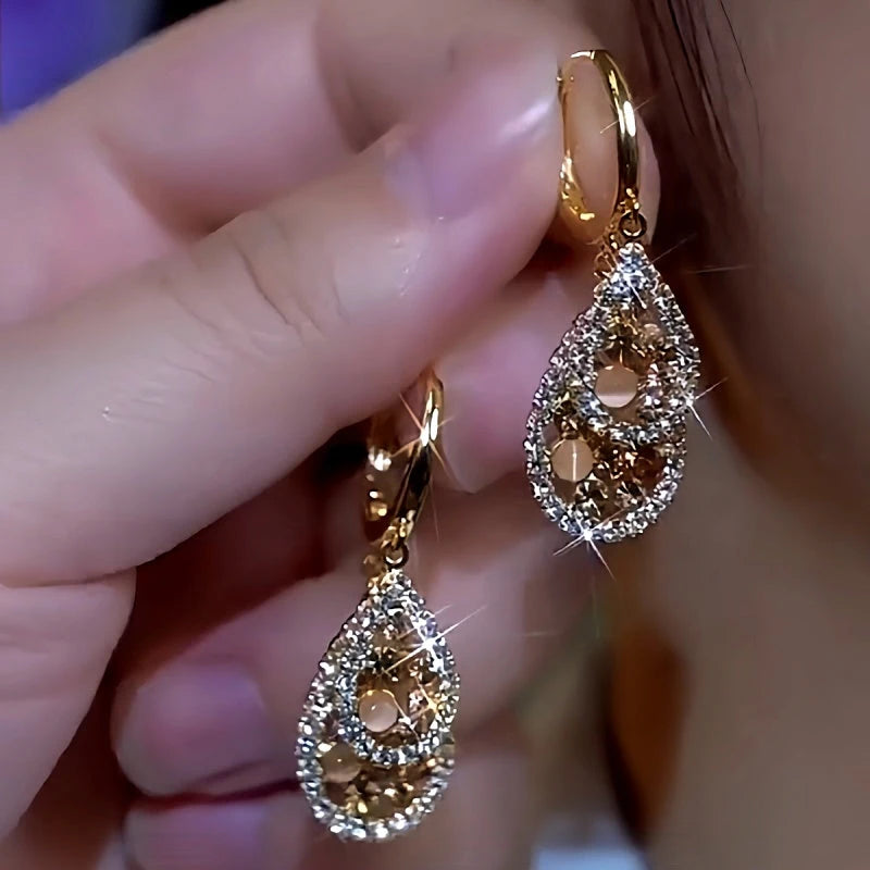 14K Gold-Plated Diamond Cat's Eye Stone Water Drop Earrings - elegant Cat's Eye Water Drop Earrings