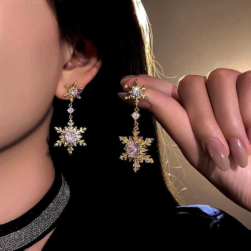 14K Gold-Plated Diamond Christmas Double Snowflake Earrings - elegant Double Snowflake Earrings
