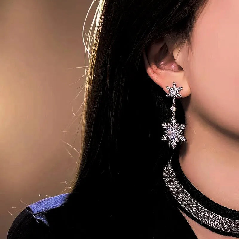 Close-up detail of the sparkling zircons and plating on the Double Snowflake Earrings