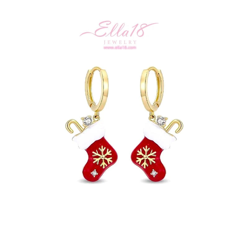 Angled view of the 14K Gold-Plated Diamond Christmas Stock Earrings