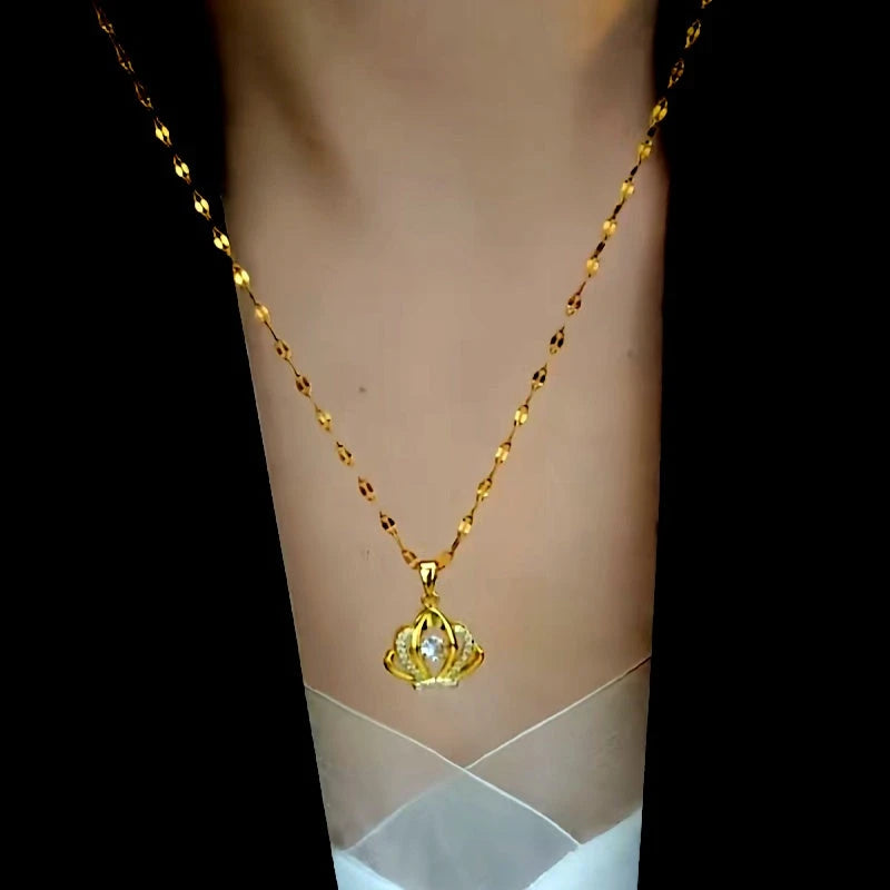 14K Gold-Plated Diamond Crown Necklace worn to showcase its length and pendant detail