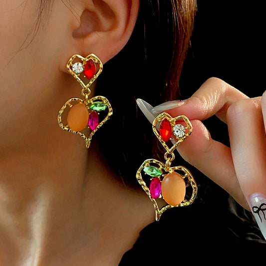 14K Gold-Plated Diamond Double-Heart Earrings - elegant Double Heart Earrings