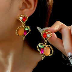 14K Gold-Plated Diamond Double-Heart Earrings - elegant Double Heart Earrings