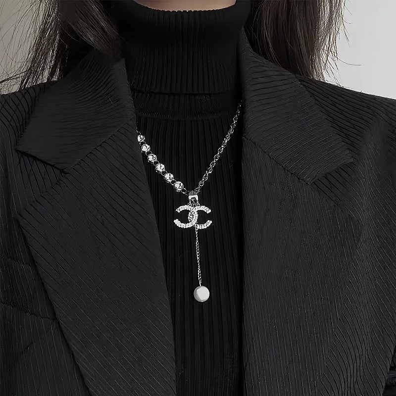 14K Gold-Plated Diamond Double C Letter Pendant Necklaces worn to showcase its length and pendant detail