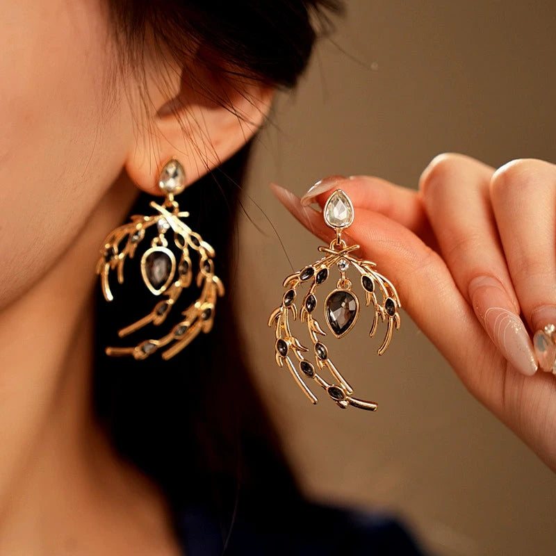 14K Gold-Plated Diamond Feather Earrings - elegant Diamond Feather Earrings