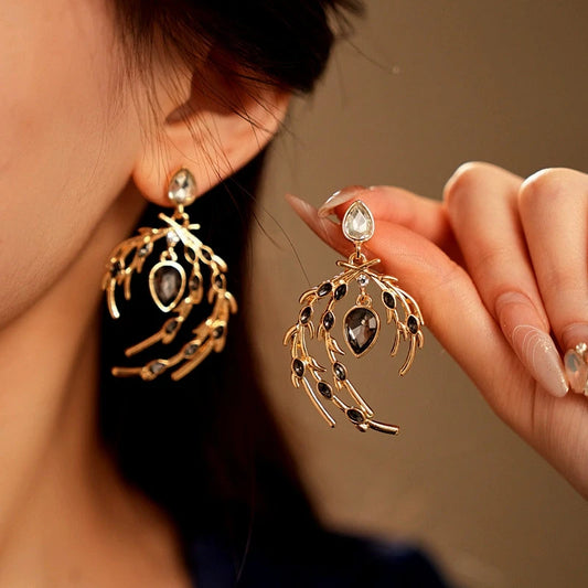 14K Gold-Plated Diamond Feather Earrings - elegant Diamond Feather Earrings