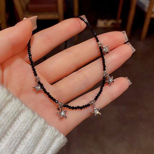 14K Gold-Plated Diamond Five-Star Clavicle Chain Necklace worn to showcase its length and pendant detail