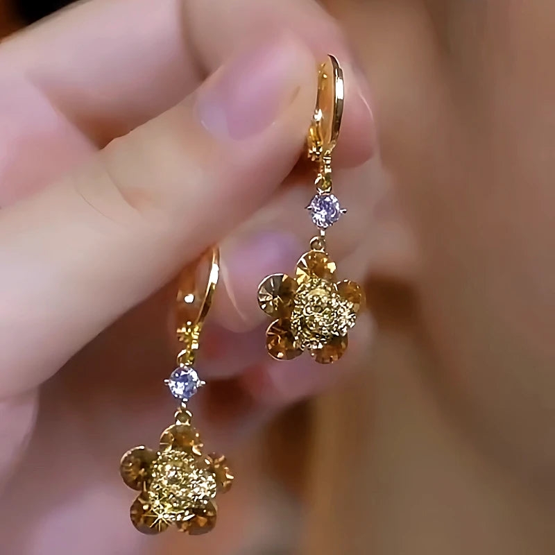 14K Gold-Plated Diamond Flower Earrings - elegant Golden Flower Earrings