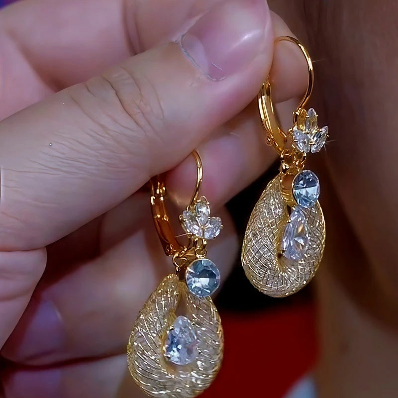 14K Gold-Plated Diamond Flower Mesh Crystal Earrings - elegant Flower Mesh Earrings