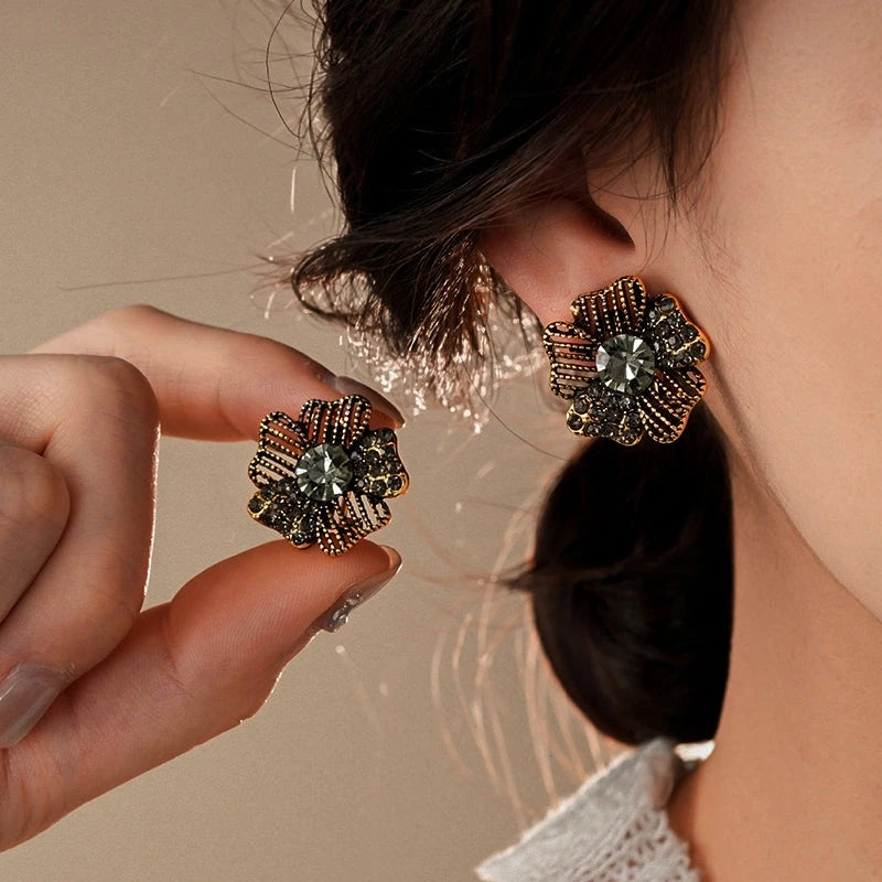 14K Gold-Plated Diamond Flower Stud Earrings - elegant Black Flower Studs