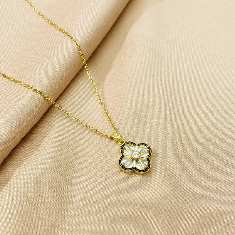 14K Gold-Plated Diamond Four-Leaf Flower Necklaces worn to showcase its length and pendant detail
