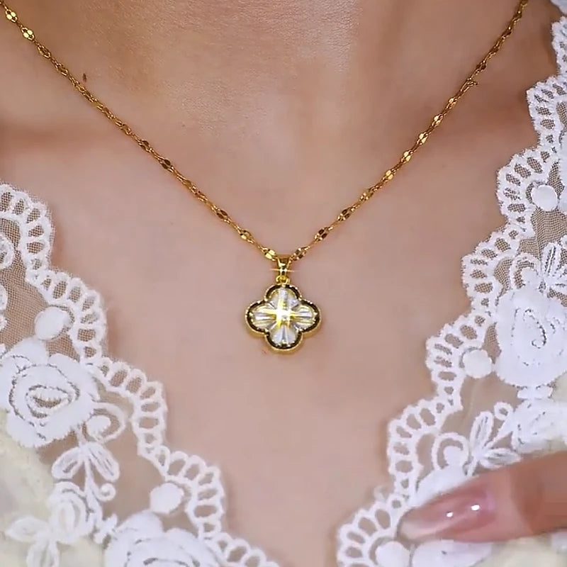 Detailed view of the 14K Gold-Plated Diamond Four-Leaf Flower Necklaces chain and pendant