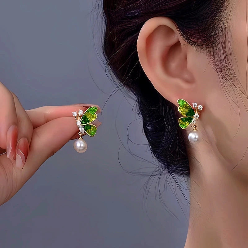 14K Gold-Plated Diamond Gradient Green Butterfly Crystal Pearl Earrings - elegant Green Butterfly Earrings