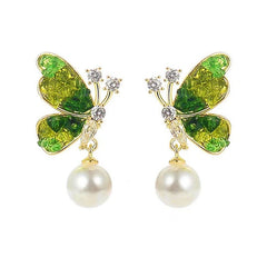 Close-up detail of the sparkling zircons and plating on the Green Butterfly Earrings