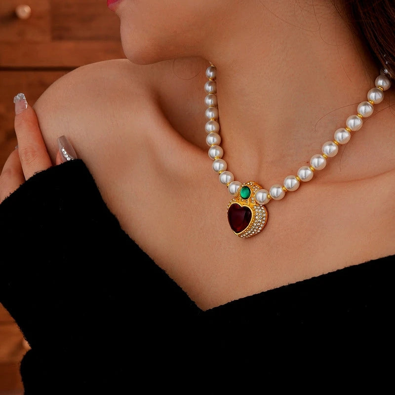 Close-up of the pendant and clasp on the Heart Pearl Necklace