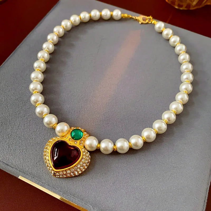 14K Gold-Plated Diamond Heart Pearl Necklace worn to showcase its length and pendant detail