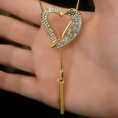 14K Gold-Plated Diamond Heart Pearl Sweater Necklace worn to showcase its length and pendant detail