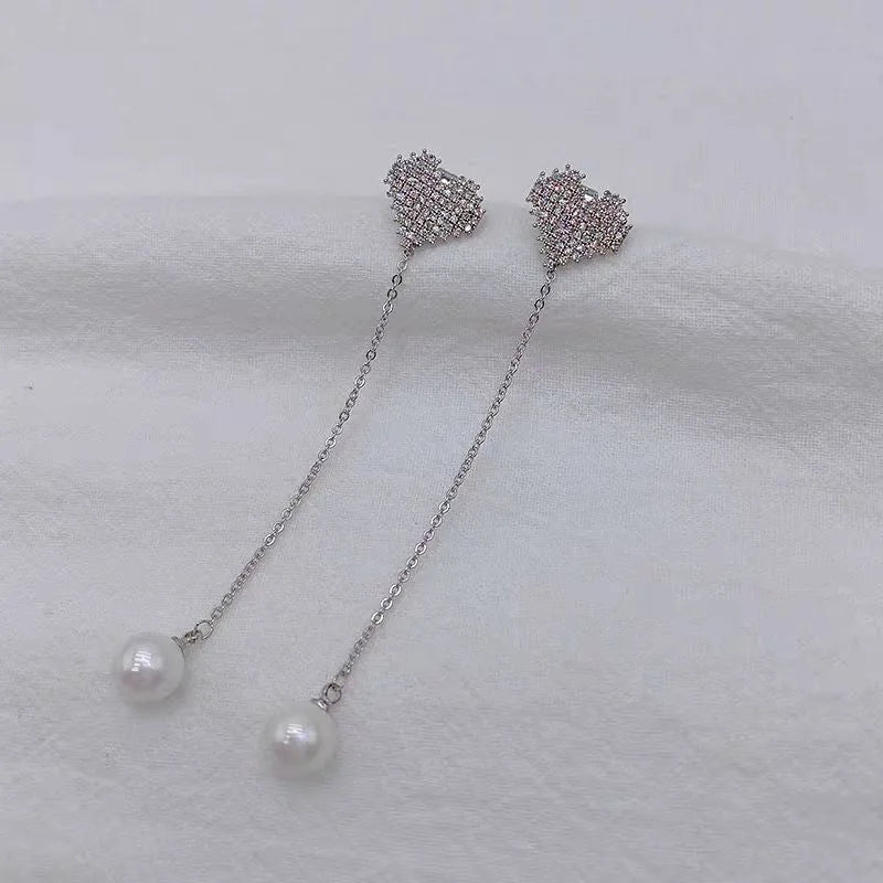 14K Gold-Plated Diamond Heart Pearl Tassel Earrings - elegant Pearl Tassel Earrings