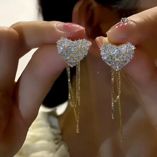 14K Gold-Plated Diamond Heart Tassel Earrings - elegant Heart Tassel Earrings