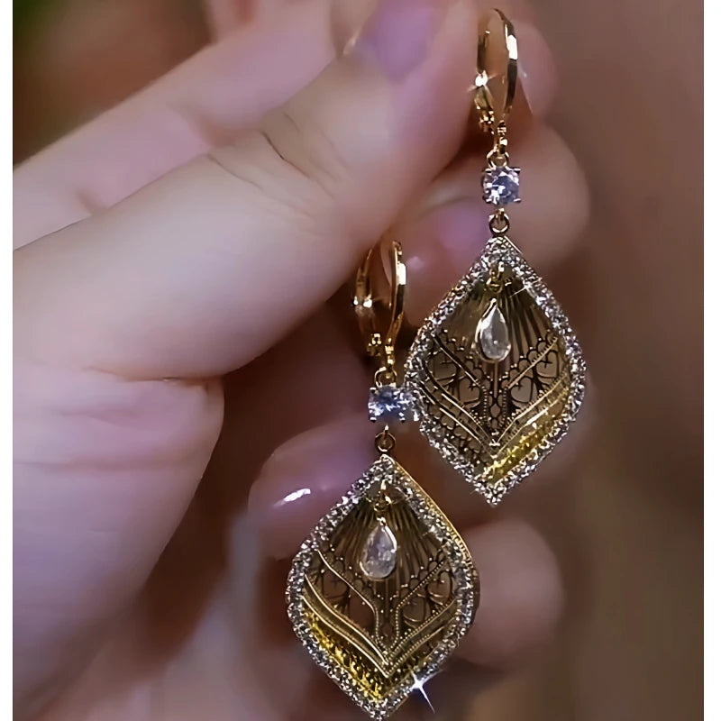 14K Gold-Plated Diamond Hollow Leaf Earrings - elegant Hollow Leaf Earrings