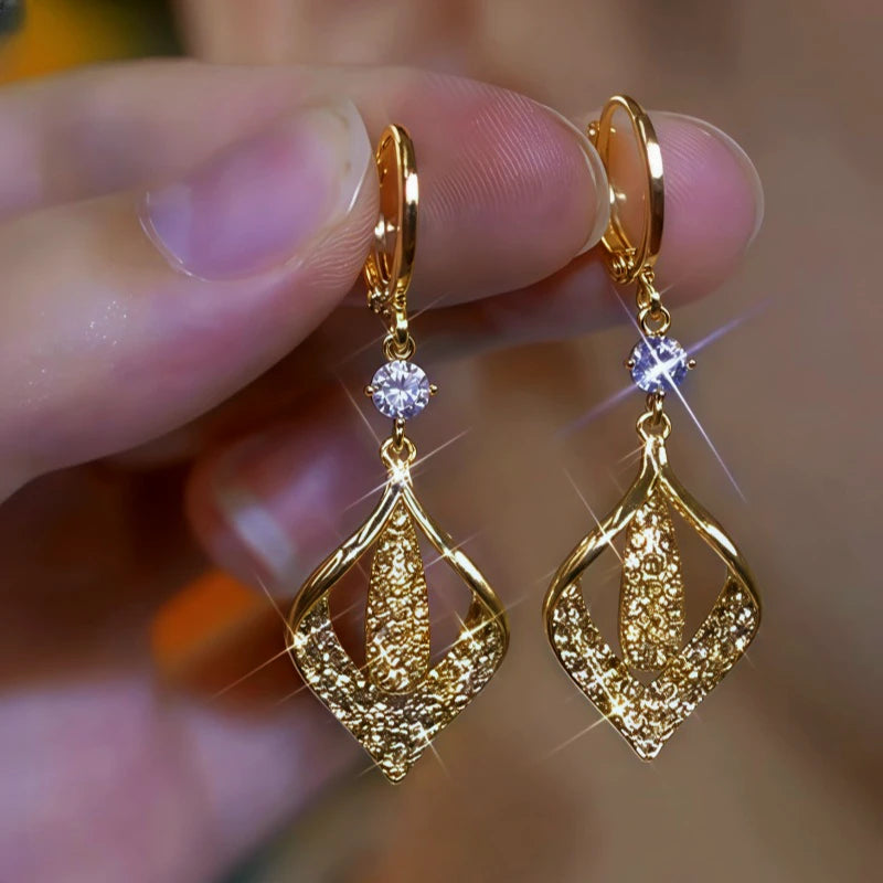 14K Gold-Plated Diamond Leaf Earrings - elegant Gold Leaf Earrings