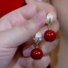 14K Gold-Plated Diamond Leaf Red Bead Earrings - elegant Red Bead Earrings