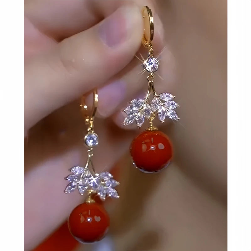 14K Gold-Plated Diamond Leaf Red Pearl  Earrings - elegant Threader Earrings