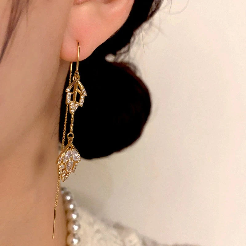 14K Gold-Plated Diamond Leaf Threader Tassel Earrings - elegant Tassel Threader Earrings