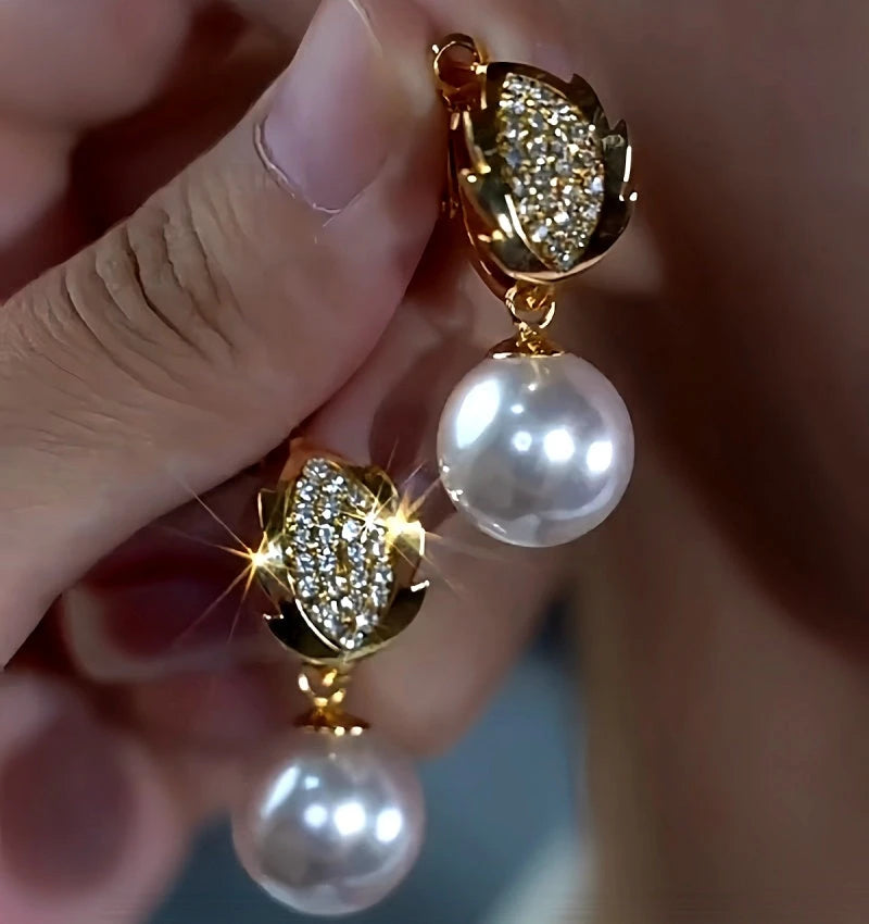 14K Gold-Plated Diamond Leaf White Pearl Earrings - elegant White Pearl Earrings