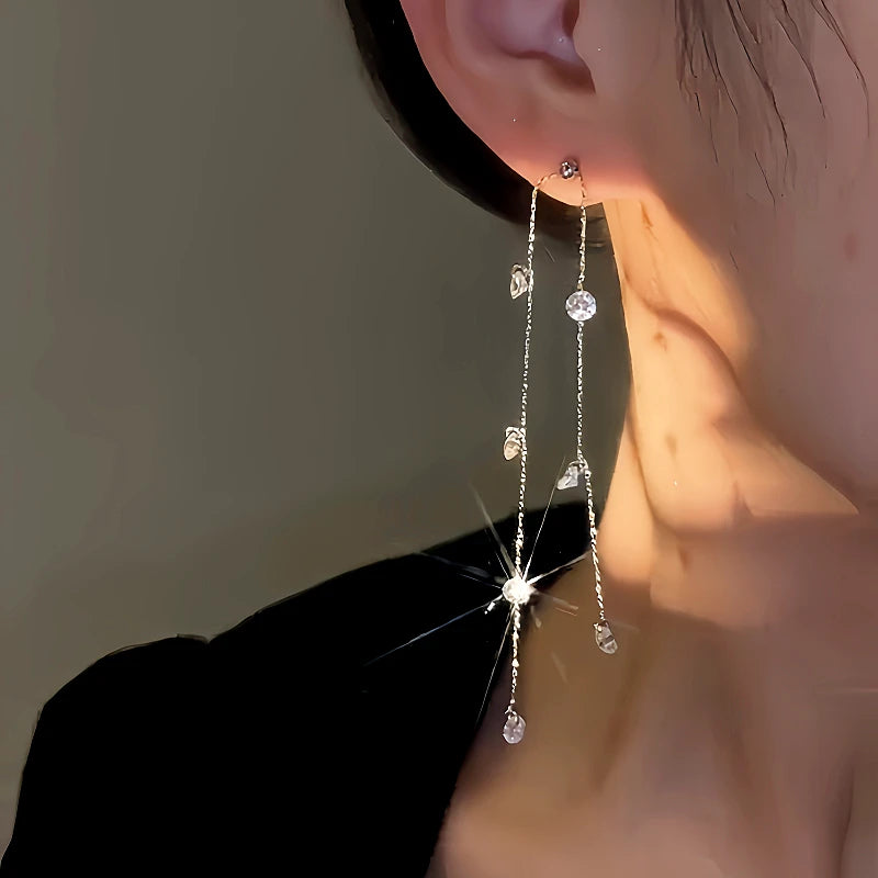 Close-up detail of the sparkling zircons and plating on the Long Tassel Earrings