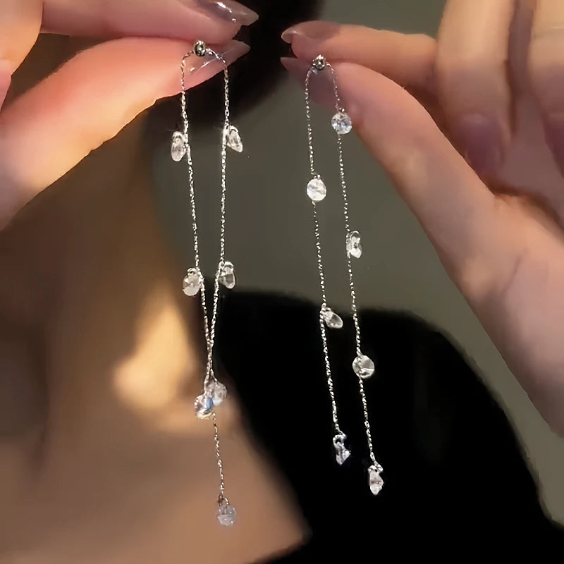 14K Gold-Plated Diamond Long Tassel Earrings - elegant Long Tassel Earrings