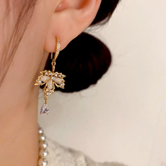 14K Gold-Plated Diamond Maple Leaf Water Drop Ear Hooks - elegant Maple Leaf Earrings