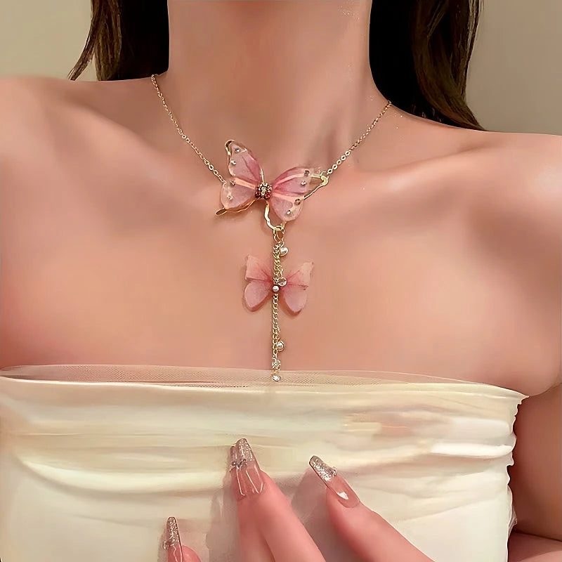 14K Gold-Plated Diamond Pearl Butterfly Tassel Necklace - beautiful Butterfly Tassel Necklace