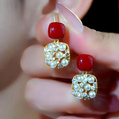 14K Gold-Plated Diamond Pearl Earrings - elegant Red Pearl Earrings