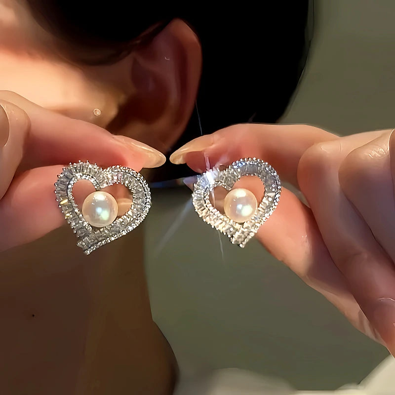 14K Gold-Plated Diamond Pearl Heart-Design Stud Earrings - elegant Heart Stud Earrings