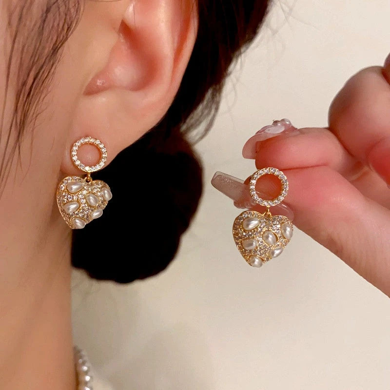 14K Gold-Plated Diamond Pearl Heart Earrings - elegant Pearl Heart Earrings