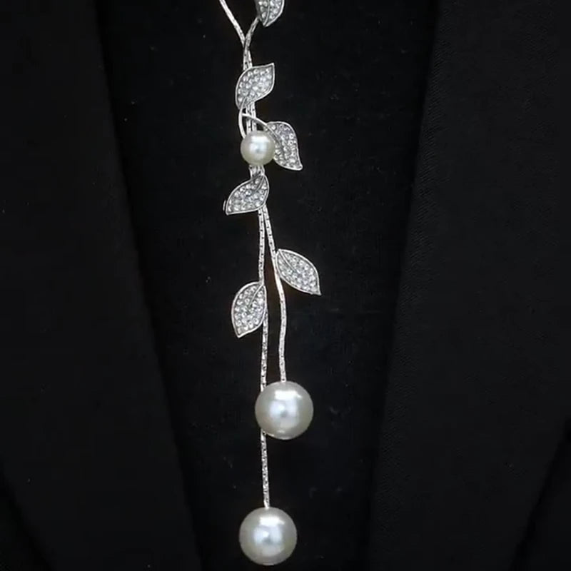 14K Gold-Plated Diamond Pearl Leaf Sweater Necklace - beautiful Sweater Necklace