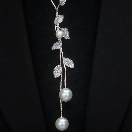 14K Gold-Plated Diamond Pearl Leaf Sweater Necklace - beautiful Sweater Necklace