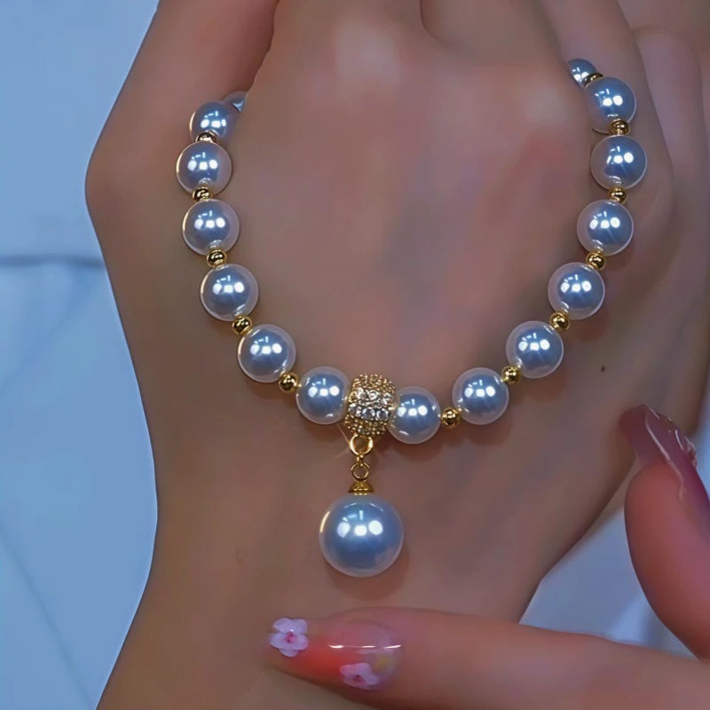 14K Gold-Plated Diamond Pearl Necklace worn to showcase its length and pendant detail