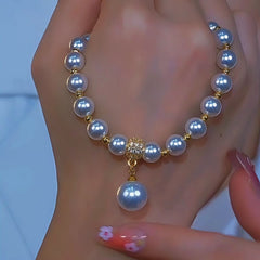 14K Gold-Plated Diamond Pearl Necklace worn to showcase its length and pendant detail