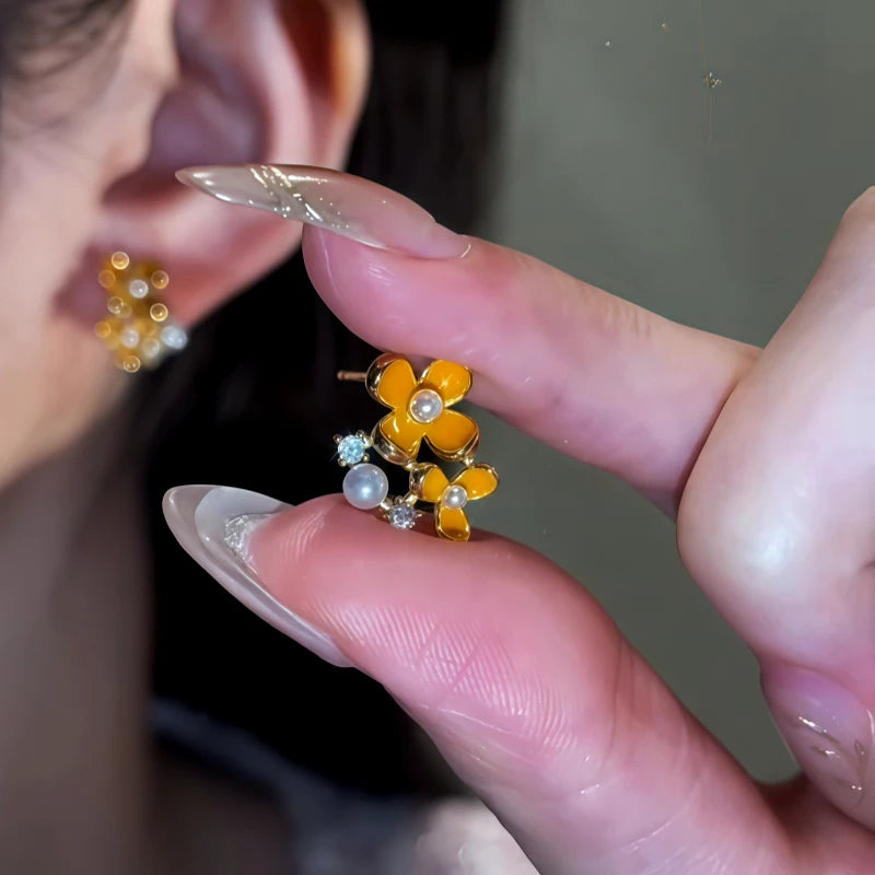 14K Gold-Plated Diamond Pearl Osmanthus Stud Earrings - elegant Osmanthus Stud Earrings