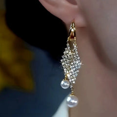 14K Gold Plated Diamond Pearl Tassel Earrings - elegant gold pearl earrings