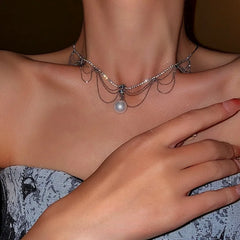 14K Gold-Plated Diamond Pearl Tassel Hollow Necklace - beautiful Hollow Tassel Necklace