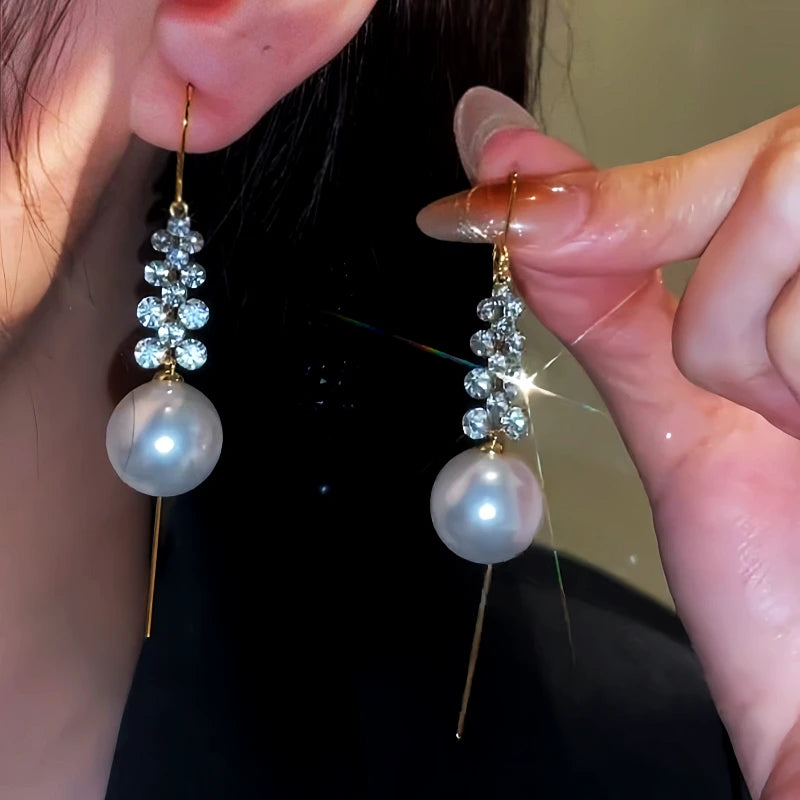 14K Gold-Plated Diamond Pearl Threader Earrings - elegant Pearl Threader Earrings