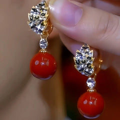 14K Gold-Plated Diamond Red Pearl Earrings - elegant Red Pearl Earrings