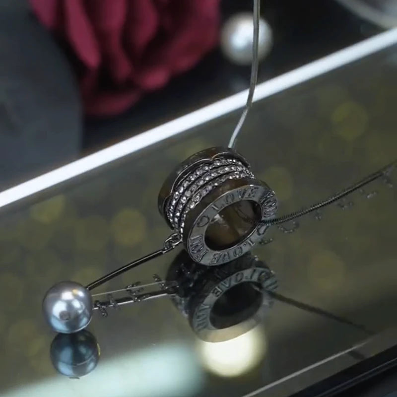 14K Gold-Plated Diamond Ring Pearl Long Necklace worn to showcase its length and pendant detail